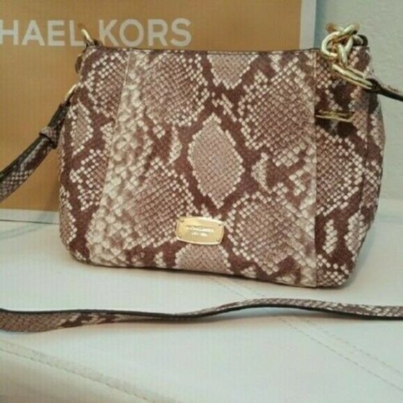 Michael Kors Hallie Convertible Shoulder Bag Embossed Leather - Dark Sand Python - Picture 2 of 7